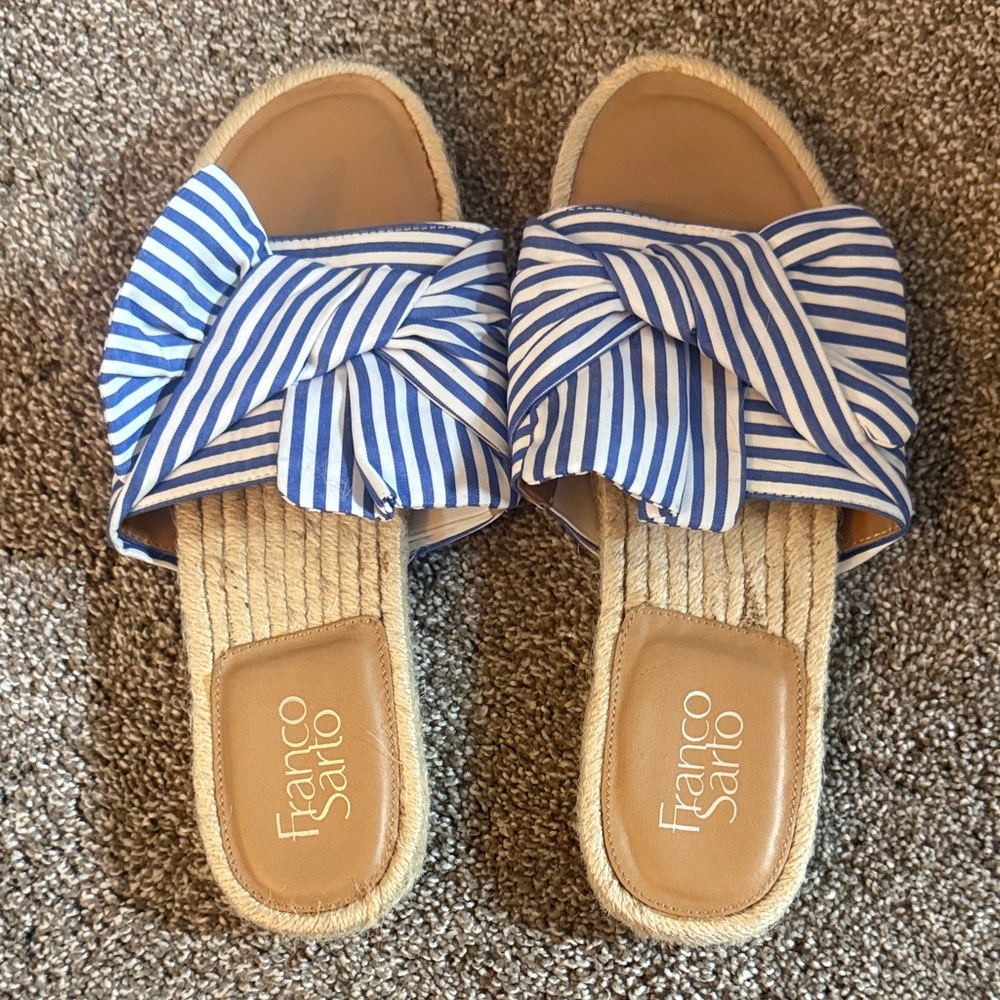 Franco Sarto Blue and White Striped Slide Sandals 8